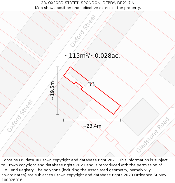 33, OXFORD STREET, SPONDON, DERBY, DE21 7JN: Plot and title map