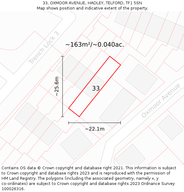 33, OXMOOR AVENUE, HADLEY, TELFORD, TF1 5SN: Plot and title map