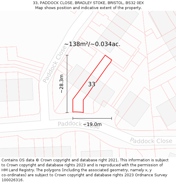33, PADDOCK CLOSE, BRADLEY STOKE, BRISTOL, BS32 0EX: Plot and title map