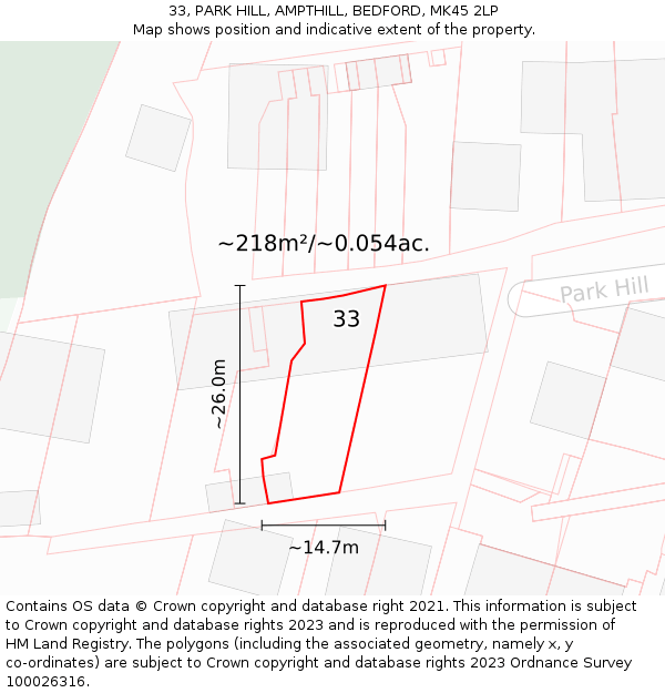 33, PARK HILL, AMPTHILL, BEDFORD, MK45 2LP: Plot and title map