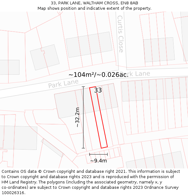 33, PARK LANE, WALTHAM CROSS, EN8 8AB: Plot and title map