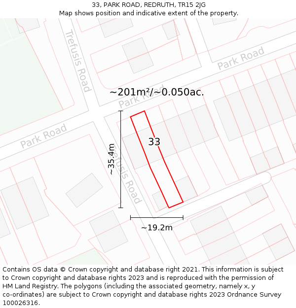 33, PARK ROAD, REDRUTH, TR15 2JG: Plot and title map