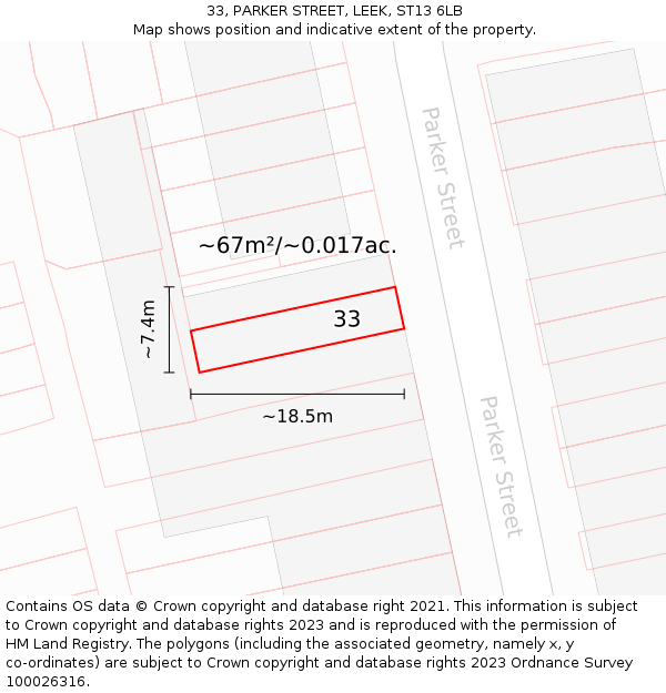 33, PARKER STREET, LEEK, ST13 6LB: Plot and title map