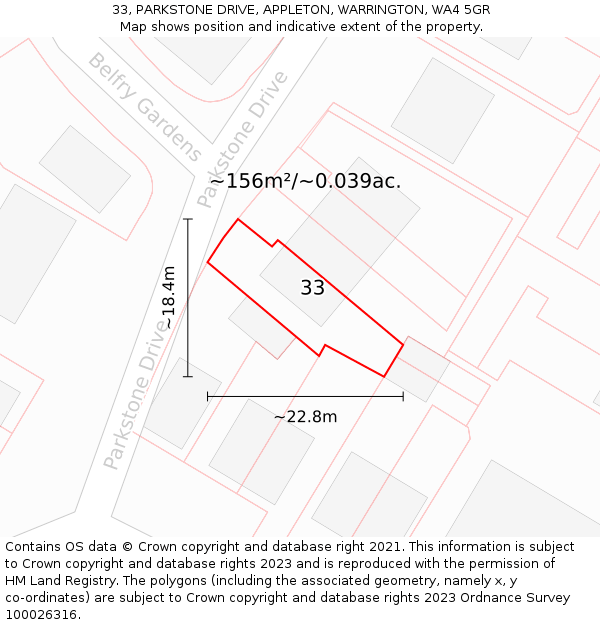 33, PARKSTONE DRIVE, APPLETON, WARRINGTON, WA4 5GR: Plot and title map