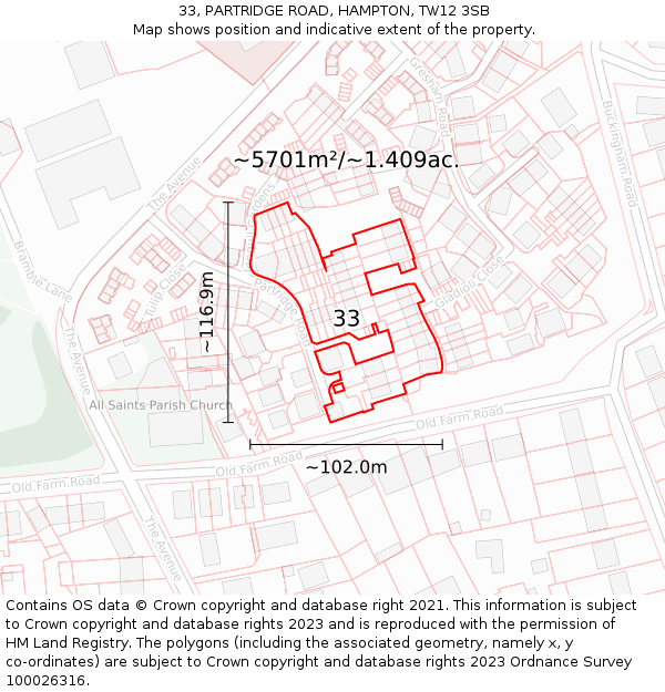 33, PARTRIDGE ROAD, HAMPTON, TW12 3SB: Plot and title map
