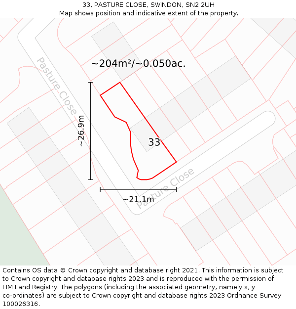 33, PASTURE CLOSE, SWINDON, SN2 2UH: Plot and title map