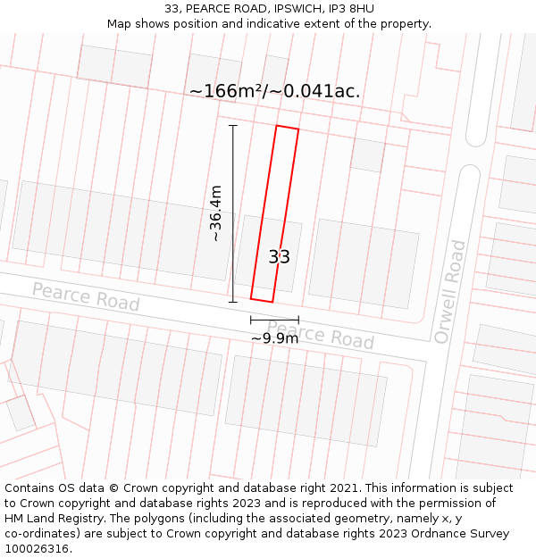33, PEARCE ROAD, IPSWICH, IP3 8HU: Plot and title map