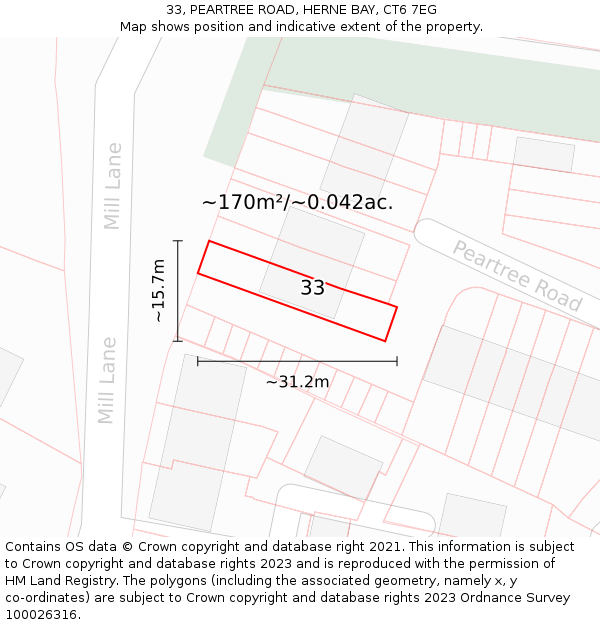 33, PEARTREE ROAD, HERNE BAY, CT6 7EG: Plot and title map