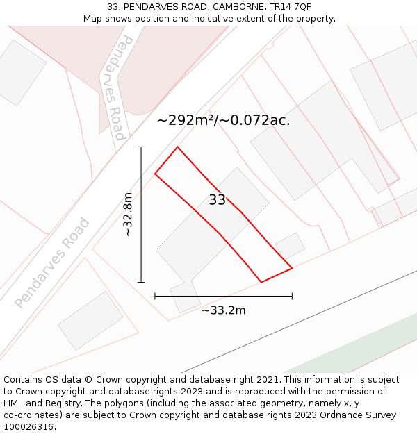 33, PENDARVES ROAD, CAMBORNE, TR14 7QF: Plot and title map