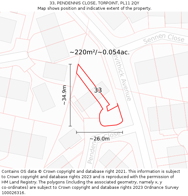 33, PENDENNIS CLOSE, TORPOINT, PL11 2QY: Plot and title map