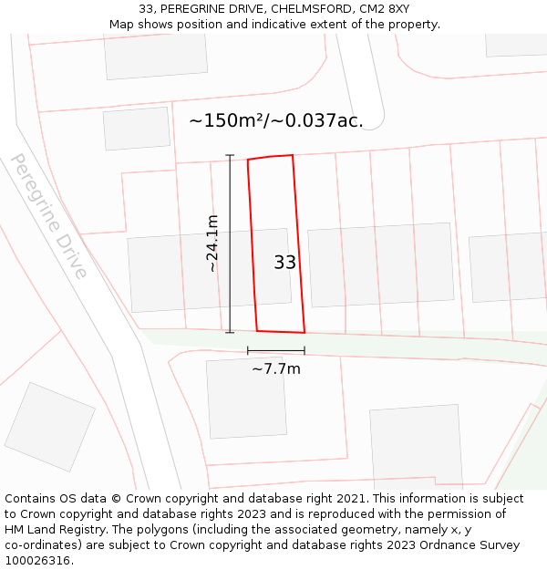 33, PEREGRINE DRIVE, CHELMSFORD, CM2 8XY: Plot and title map