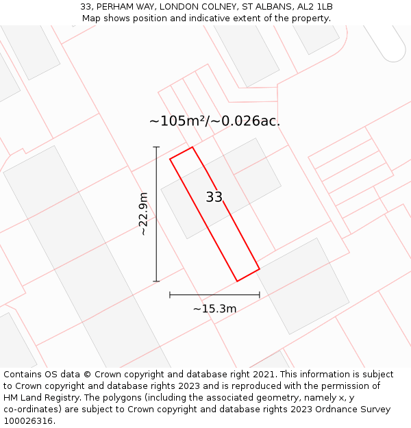 33, PERHAM WAY, LONDON COLNEY, ST ALBANS, AL2 1LB: Plot and title map