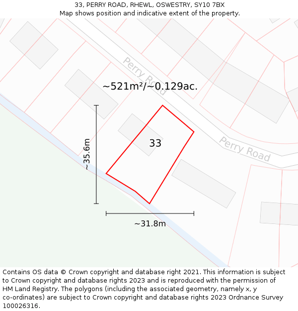 33, PERRY ROAD, RHEWL, OSWESTRY, SY10 7BX: Plot and title map