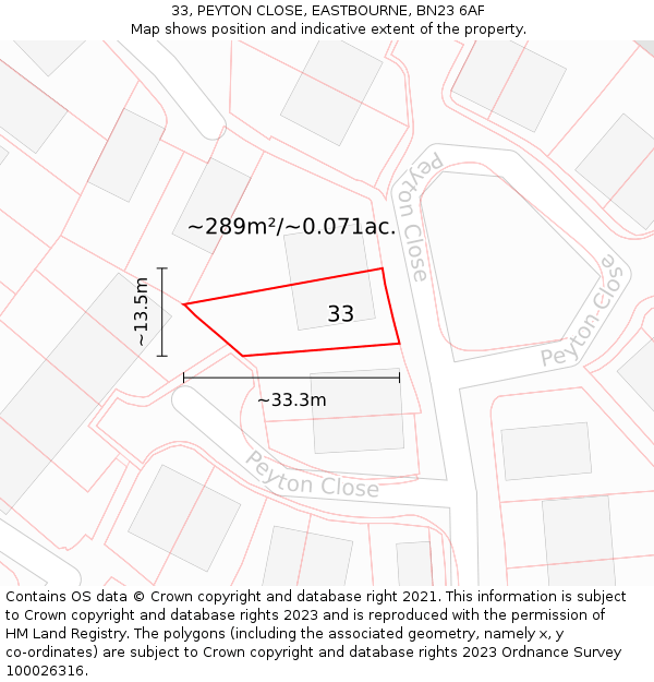 33, PEYTON CLOSE, EASTBOURNE, BN23 6AF: Plot and title map