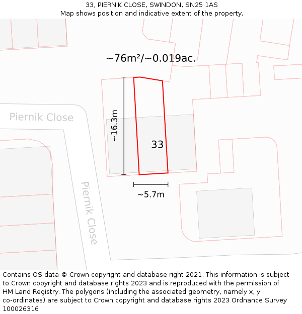 33, PIERNIK CLOSE, SWINDON, SN25 1AS: Plot and title map