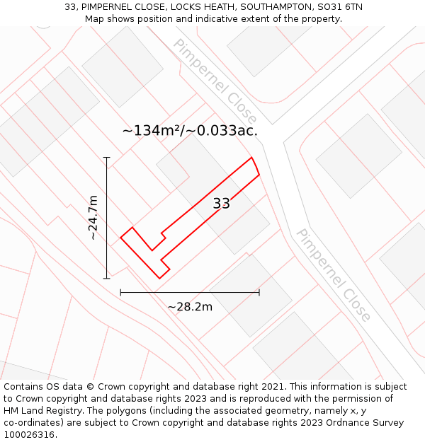 33, PIMPERNEL CLOSE, LOCKS HEATH, SOUTHAMPTON, SO31 6TN: Plot and title map