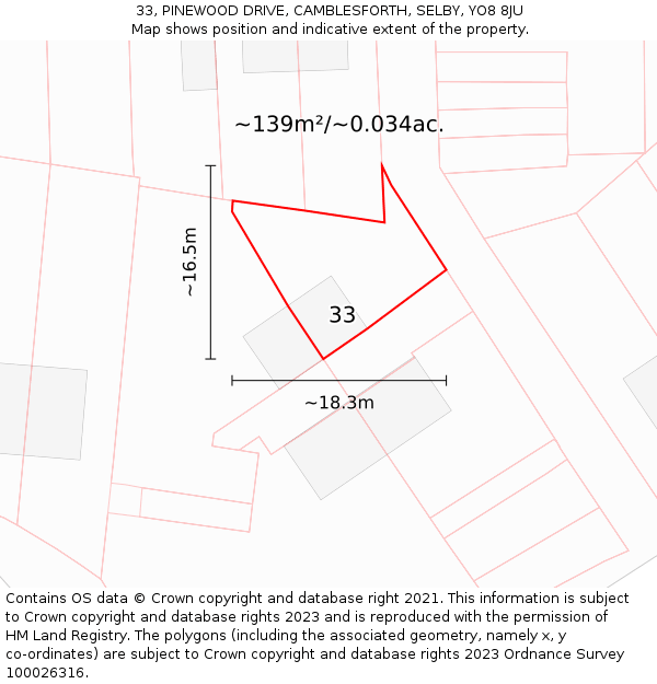 33, PINEWOOD DRIVE, CAMBLESFORTH, SELBY, YO8 8JU: Plot and title map