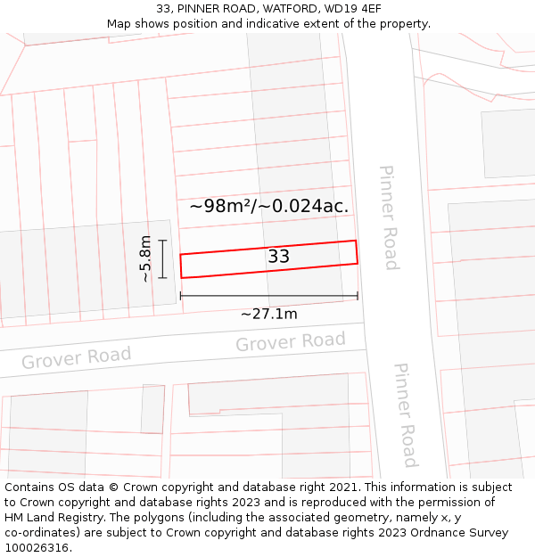 33, PINNER ROAD, WATFORD, WD19 4EF: Plot and title map