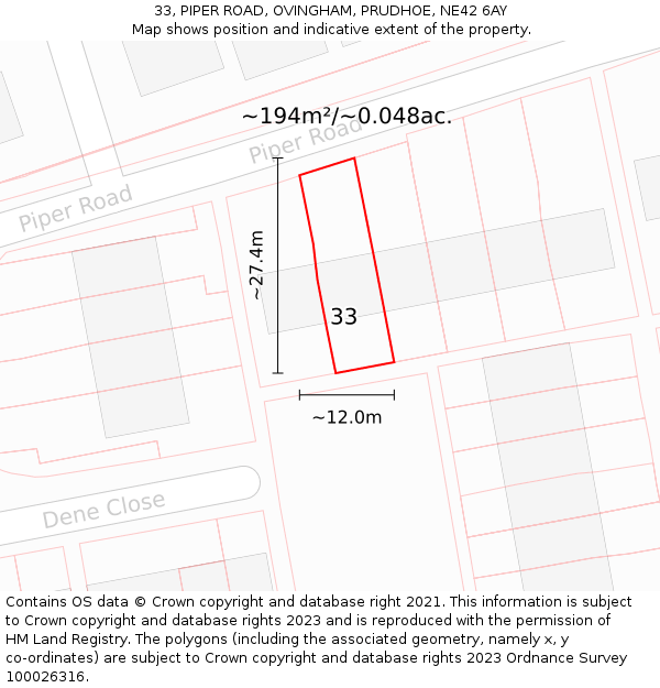 33, PIPER ROAD, OVINGHAM, PRUDHOE, NE42 6AY: Plot and title map