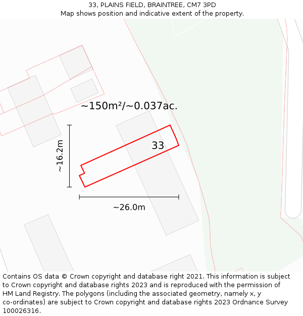 33, PLAINS FIELD, BRAINTREE, CM7 3PD: Plot and title map