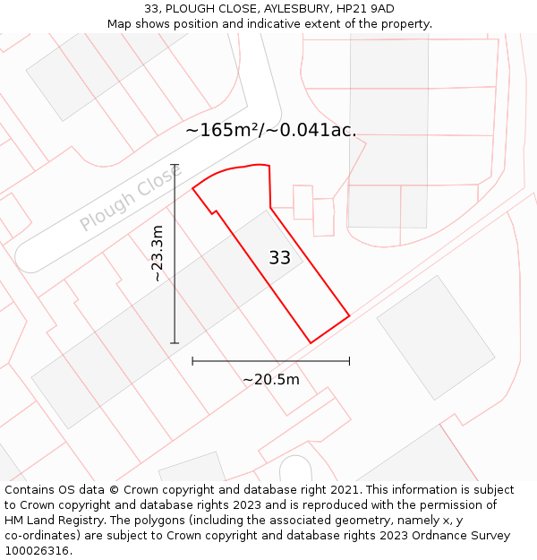 33, PLOUGH CLOSE, AYLESBURY, HP21 9AD: Plot and title map