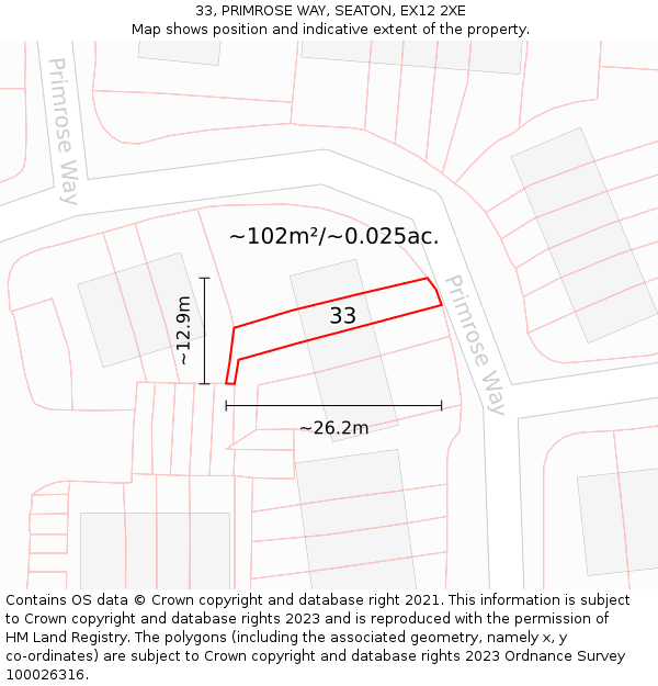33, PRIMROSE WAY, SEATON, EX12 2XE: Plot and title map