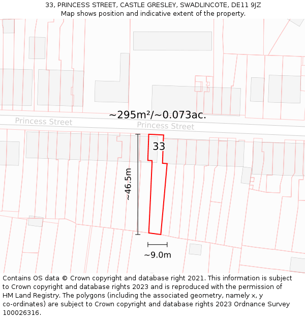 33, PRINCESS STREET, CASTLE GRESLEY, SWADLINCOTE, DE11 9JZ: Plot and title map