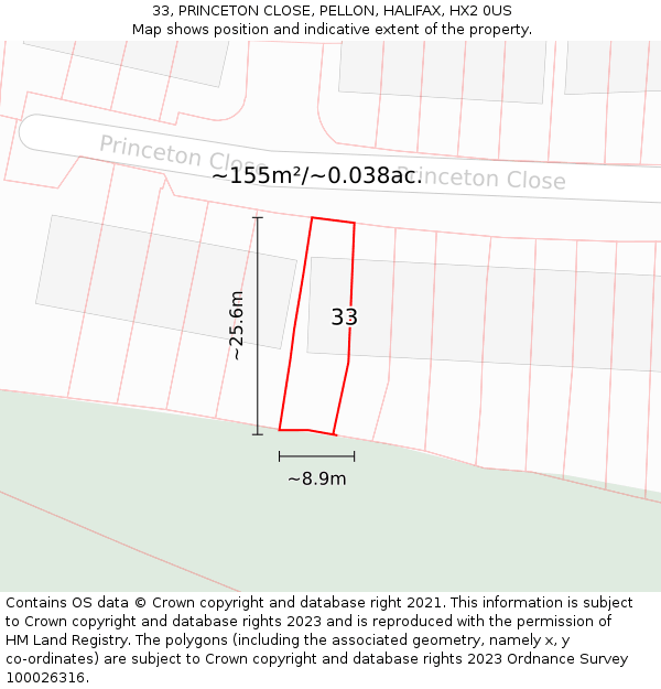 33, PRINCETON CLOSE, PELLON, HALIFAX, HX2 0US: Plot and title map