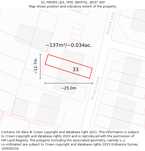 33, PRIORS LEA, YATE, BRISTOL, BS37 4DF: Plot and title map
