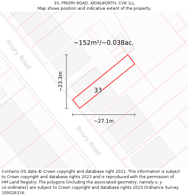33, PRIORY ROAD, KENILWORTH, CV8 1LL: Plot and title map