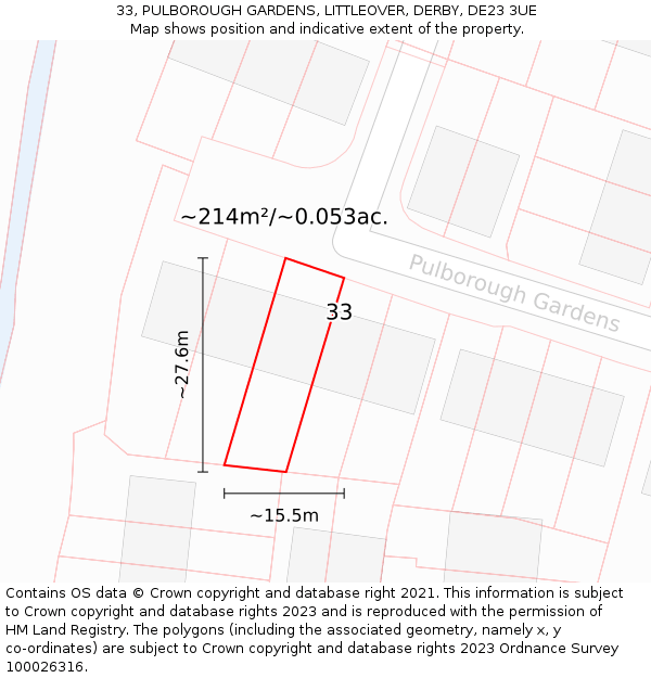 33, PULBOROUGH GARDENS, LITTLEOVER, DERBY, DE23 3UE: Plot and title map