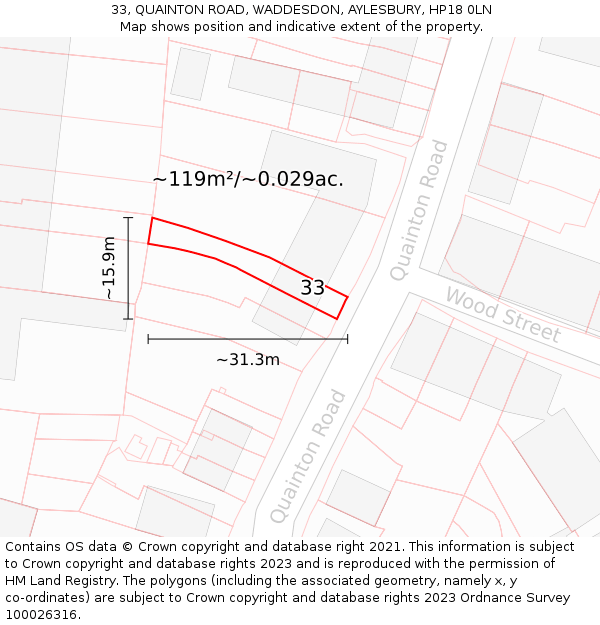 33, QUAINTON ROAD, WADDESDON, AYLESBURY, HP18 0LN: Plot and title map