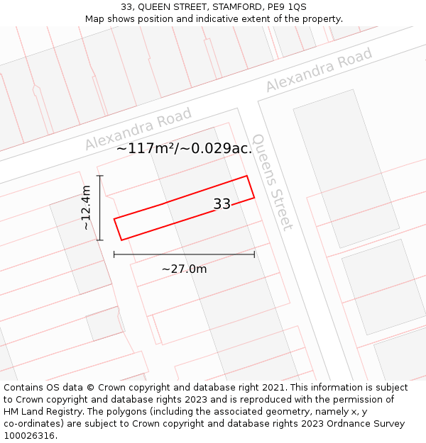 33, QUEEN STREET, STAMFORD, PE9 1QS: Plot and title map