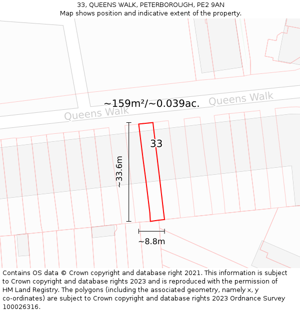 33, QUEENS WALK, PETERBOROUGH, PE2 9AN: Plot and title map
