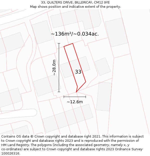 33, QUILTERS DRIVE, BILLERICAY, CM12 9YE: Plot and title map