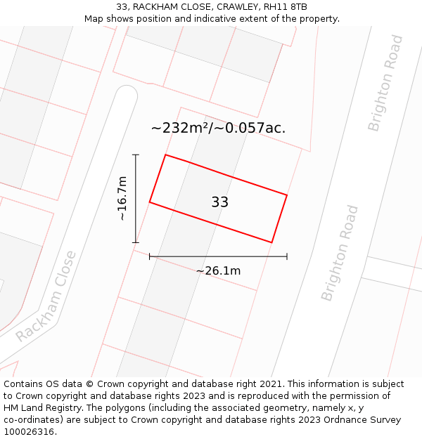 33, RACKHAM CLOSE, CRAWLEY, RH11 8TB: Plot and title map