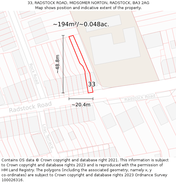 33, RADSTOCK ROAD, MIDSOMER NORTON, RADSTOCK, BA3 2AG: Plot and title map