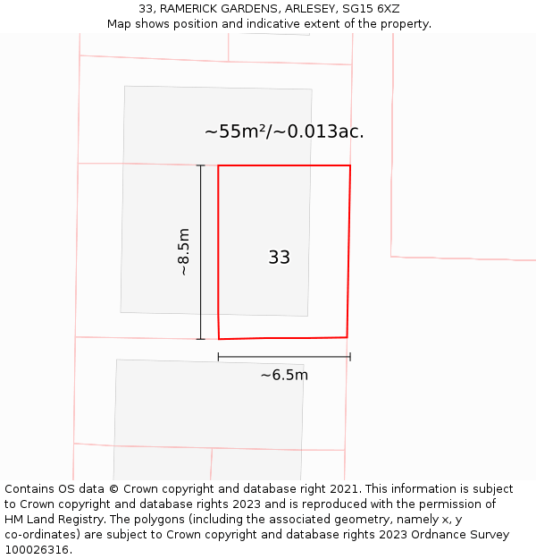 33, RAMERICK GARDENS, ARLESEY, SG15 6XZ: Plot and title map