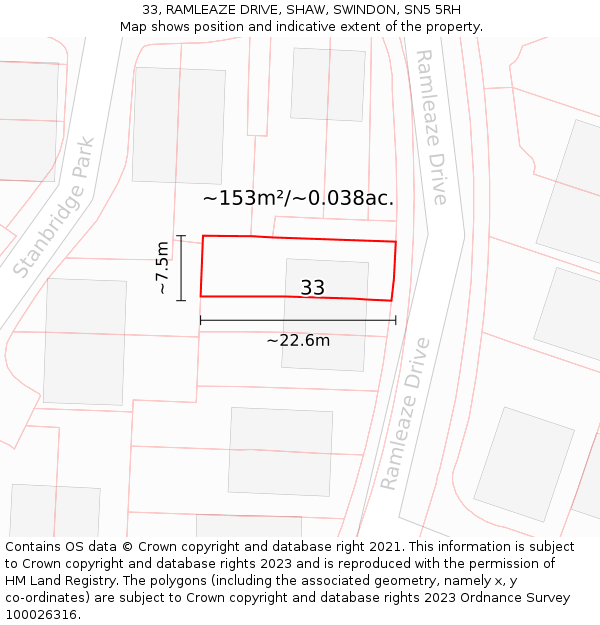 33, RAMLEAZE DRIVE, SHAW, SWINDON, SN5 5RH: Plot and title map