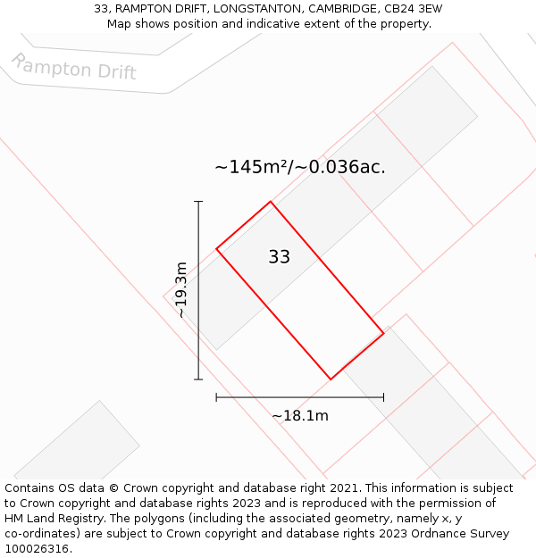 33, RAMPTON DRIFT, LONGSTANTON, CAMBRIDGE, CB24 3EW: Plot and title map