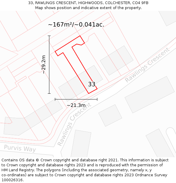 33, RAWLINGS CRESCENT, HIGHWOODS, COLCHESTER, CO4 9FB: Plot and title map