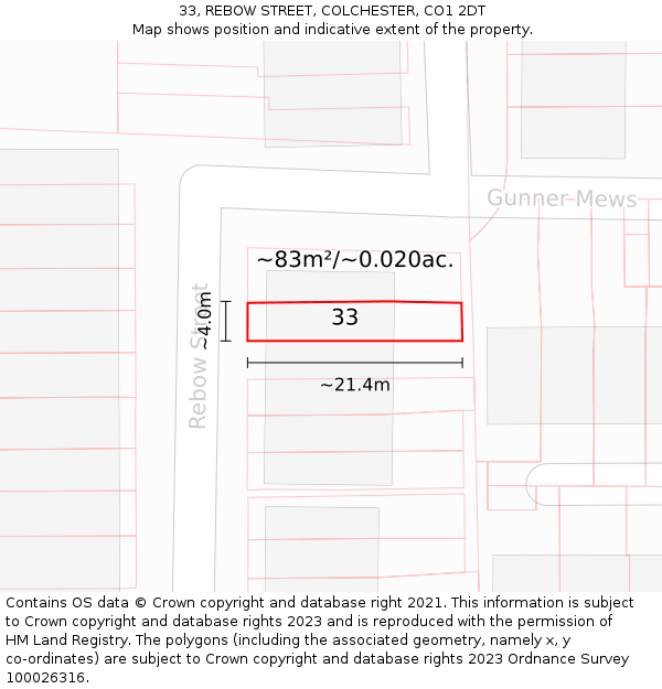 33, REBOW STREET, COLCHESTER, CO1 2DT: Plot and title map