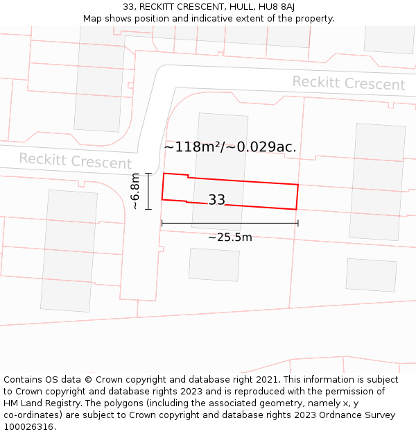 33, RECKITT CRESCENT, HULL, HU8 8AJ: Plot and title map