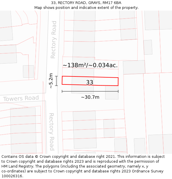 33, RECTORY ROAD, GRAYS, RM17 6BA: Plot and title map