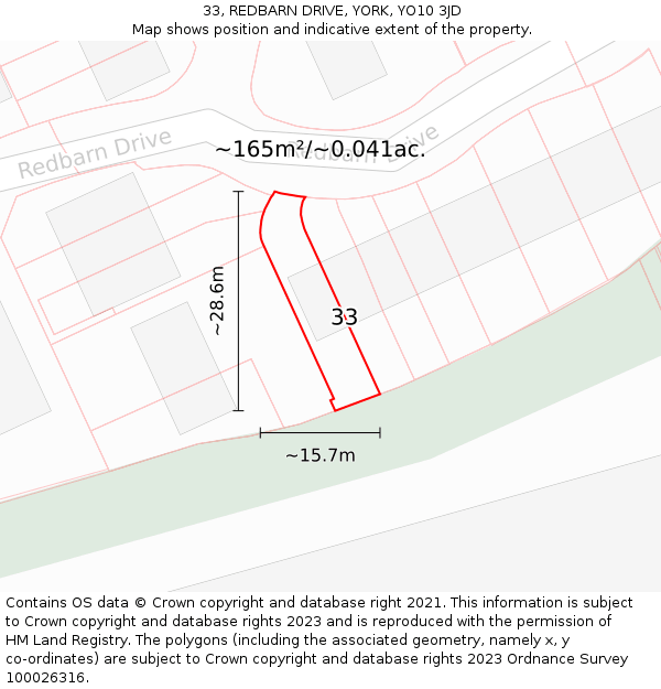 33, REDBARN DRIVE, YORK, YO10 3JD: Plot and title map