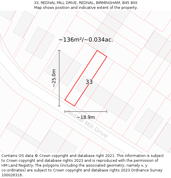 33, REDNAL MILL DRIVE, REDNAL, BIRMINGHAM, B45 8XX: Plot and title map