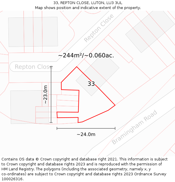 33, REPTON CLOSE, LUTON, LU3 3UL: Plot and title map