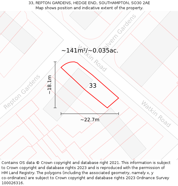 33, REPTON GARDENS, HEDGE END, SOUTHAMPTON, SO30 2AE: Plot and title map