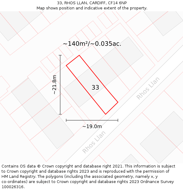 33, RHOS LLAN, CARDIFF, CF14 6NP: Plot and title map