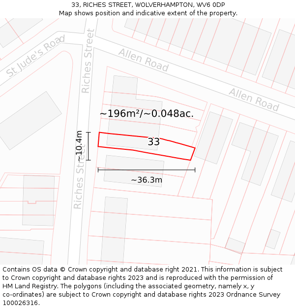 33, RICHES STREET, WOLVERHAMPTON, WV6 0DP: Plot and title map